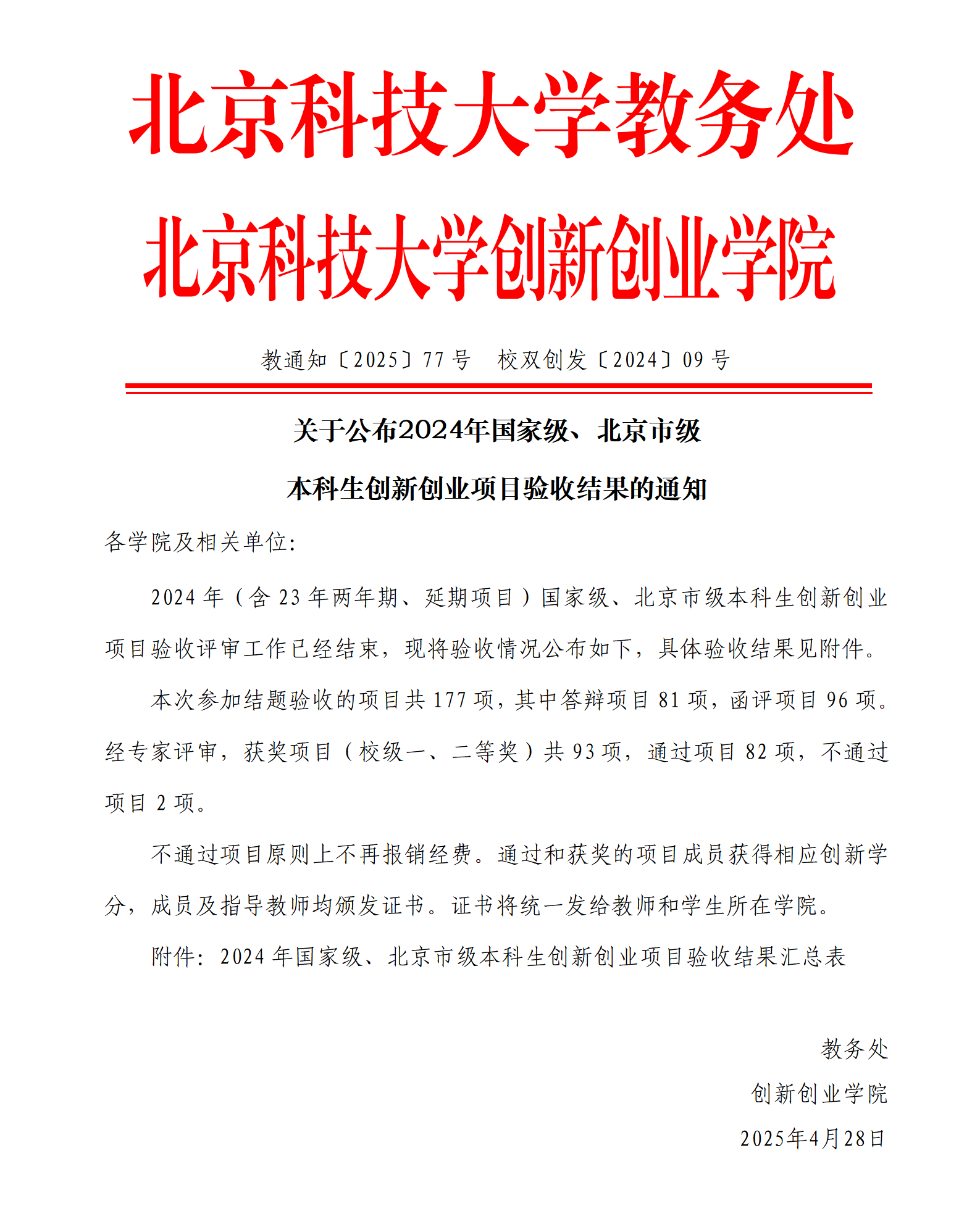 教通知〔2025〕77号 校双创发〔2025〕03号-关于公布2024年国家级、北京市级本科生创新创业项目验收结果的通知_01.png
